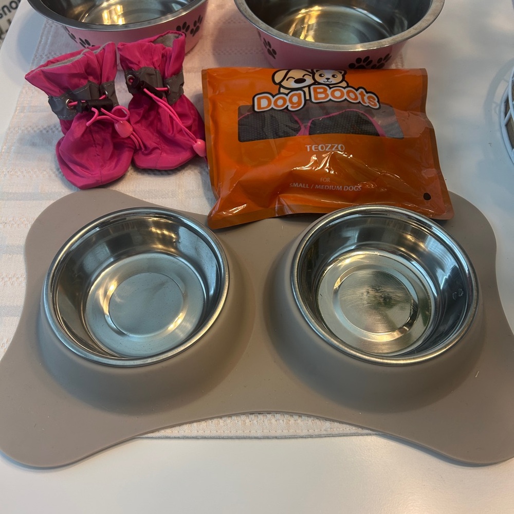 Puppy Starter Bowl Sets Rain Boots & Sweater Used Sanitized